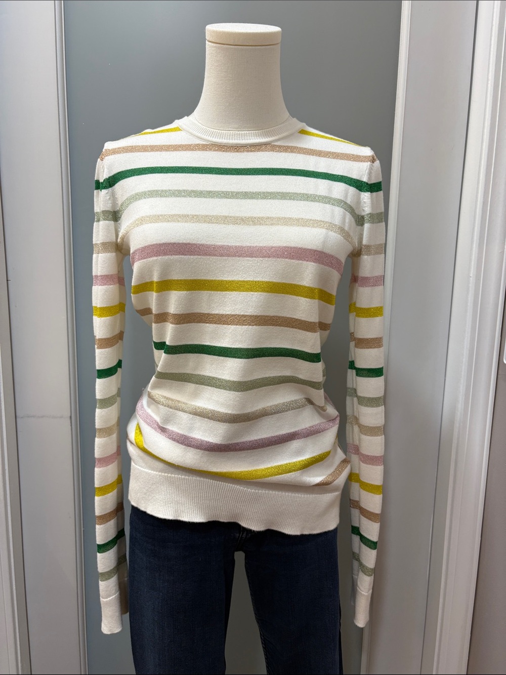 Brooks Brothers Ivory Striped Long-Sleeve Crewneck Top